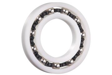 xiros® radial deep groove ball bearing, thin ring bearings, xirodur B180, stainless steel balls, cage made of PA, mm