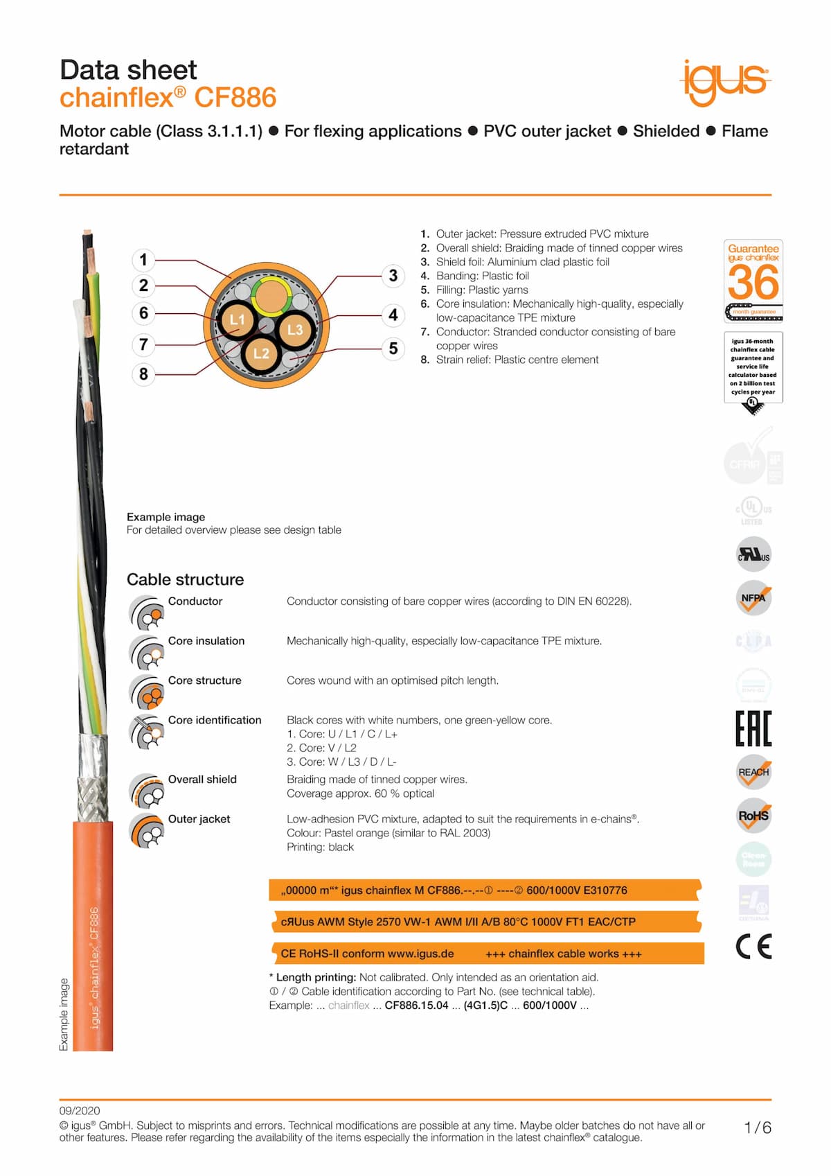 Technical data sheet chainflex® motor cable CF886